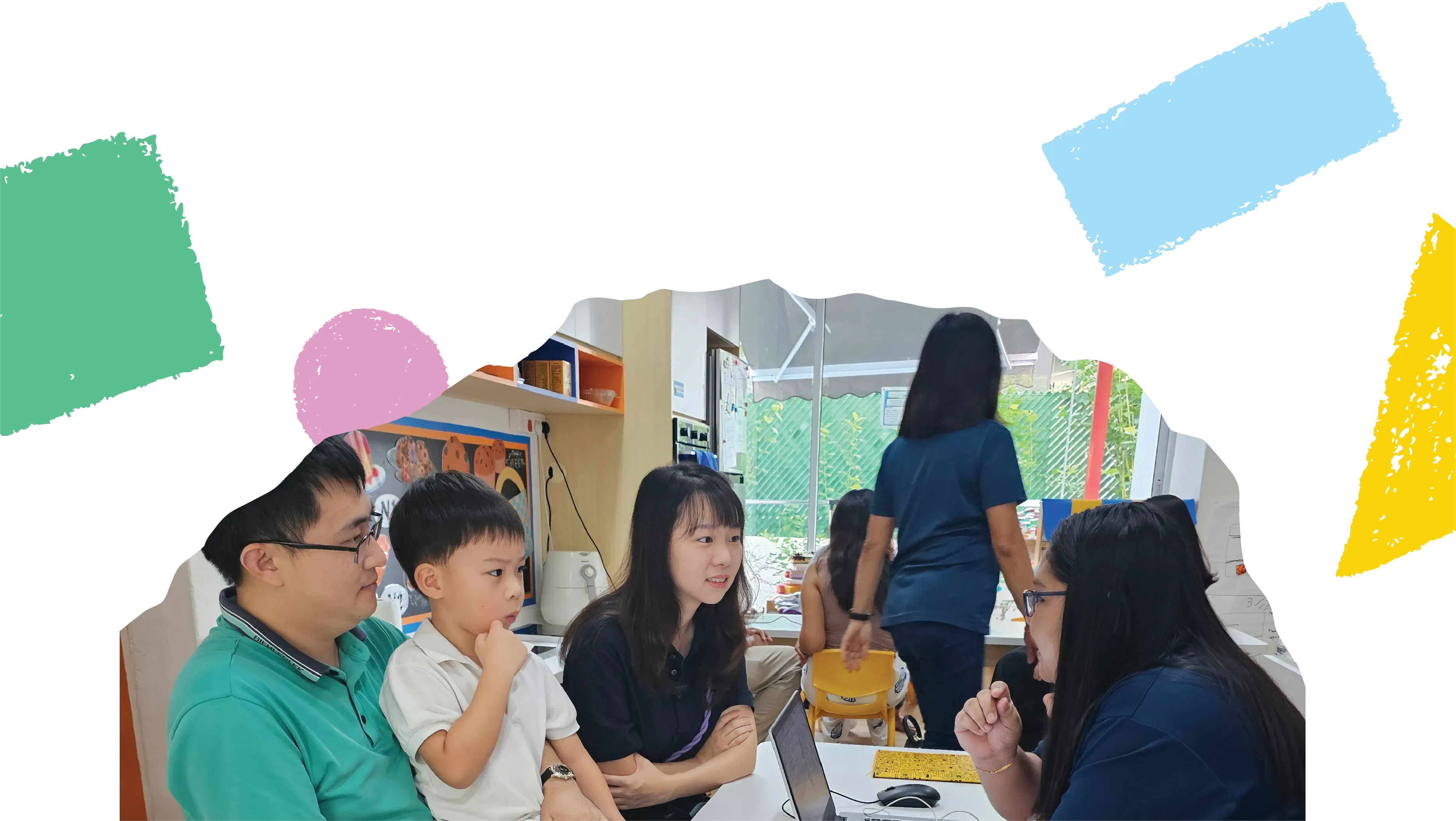 Parents and their child talking with Posso teachers